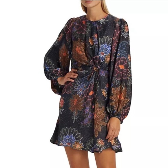 FARM Rio Dresses & Skirts - Farm Rio Sparkle Flowers Mini Dress Floral Print Circle Cut-Out Size XS
